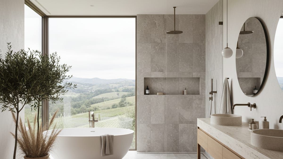 Luxury primary bathroom with freestanding tub