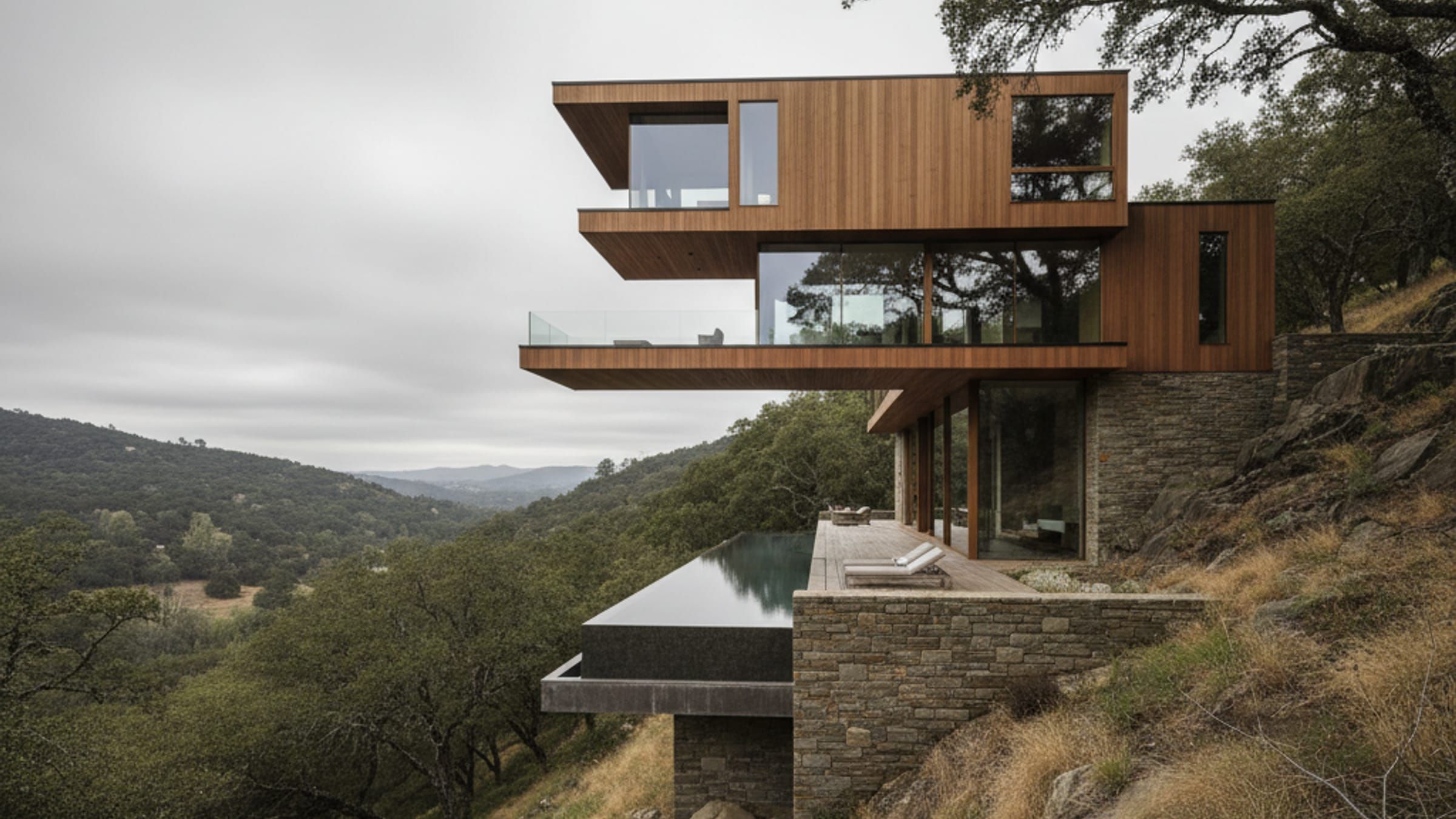 Contemporary hillside retreat with cantilevered design, natural wood cladding, and integration with Sonoma landscape