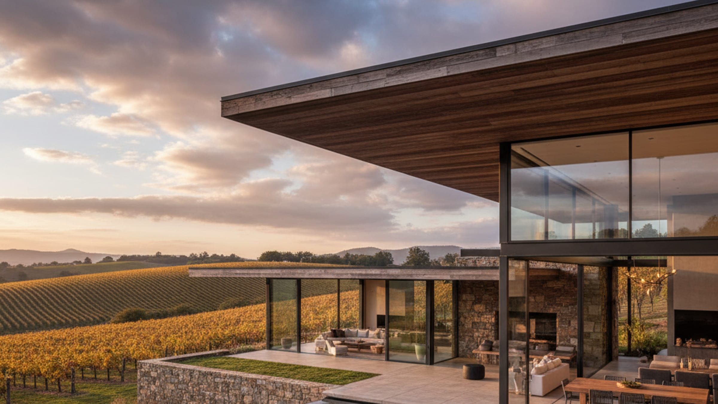 Modern vineyard estate in Sonoma with floor-to-ceiling glass walls, natural stone accents, and panoramic valley views