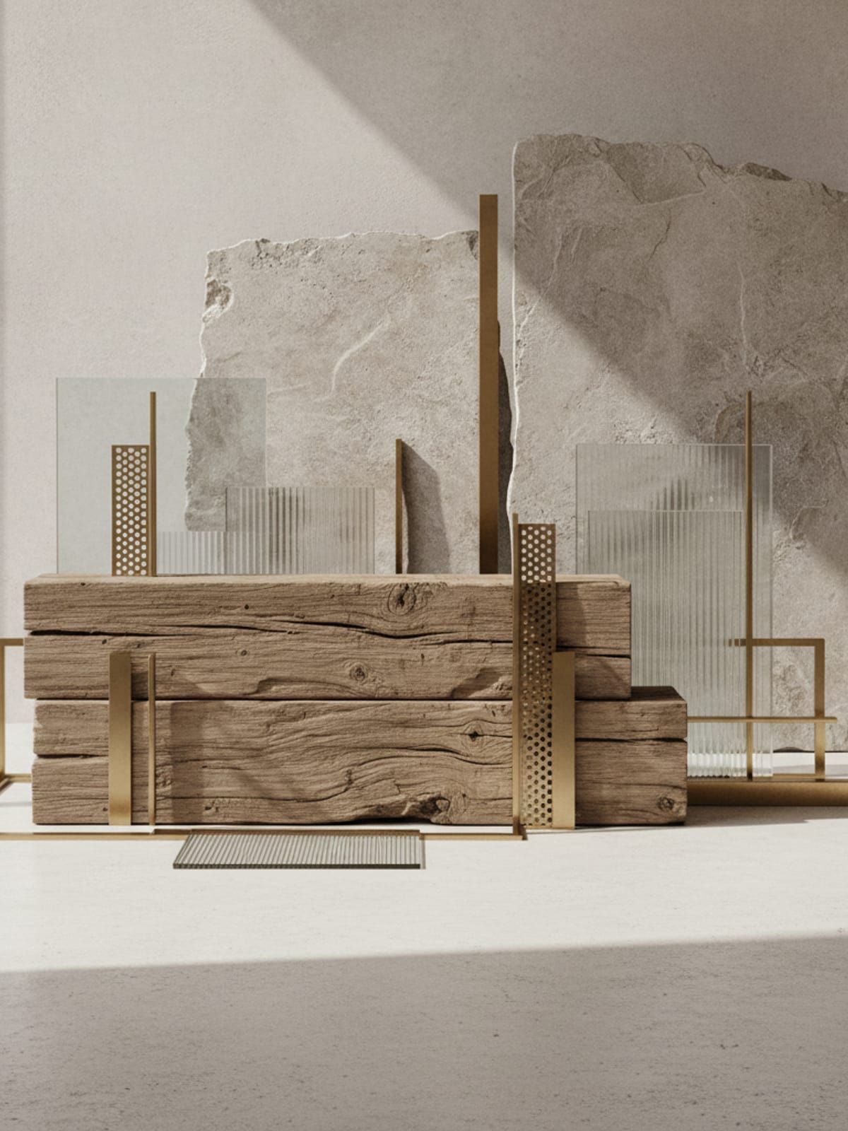 Raw natural construction materials including reclaimed wood, natural stone, and architectural elements for estate building