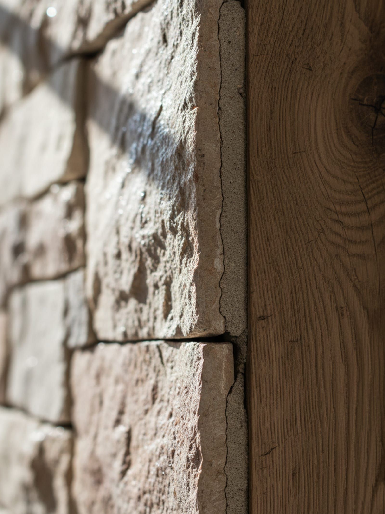 Extreme close-up of natural stone wall meeting aged oak wood beam, showcasing tactile craftsmanship and material quality