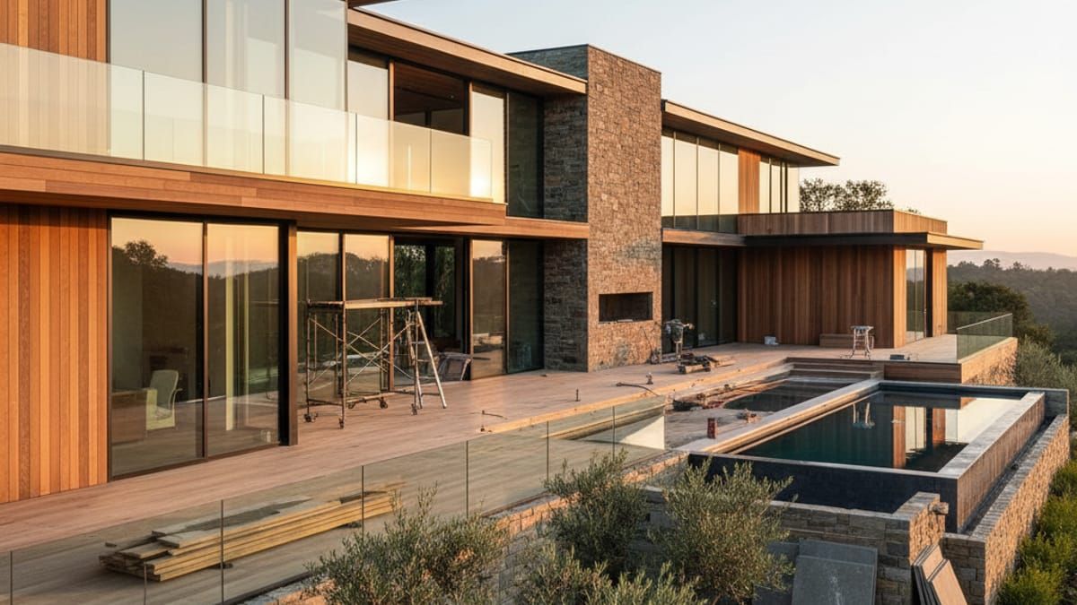 Exterior construction and landscape integration for new luxury home