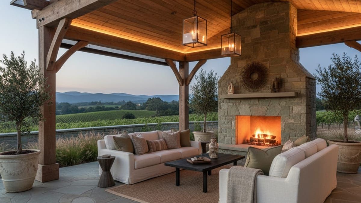 Covered patio with fireplace and outdoor seating